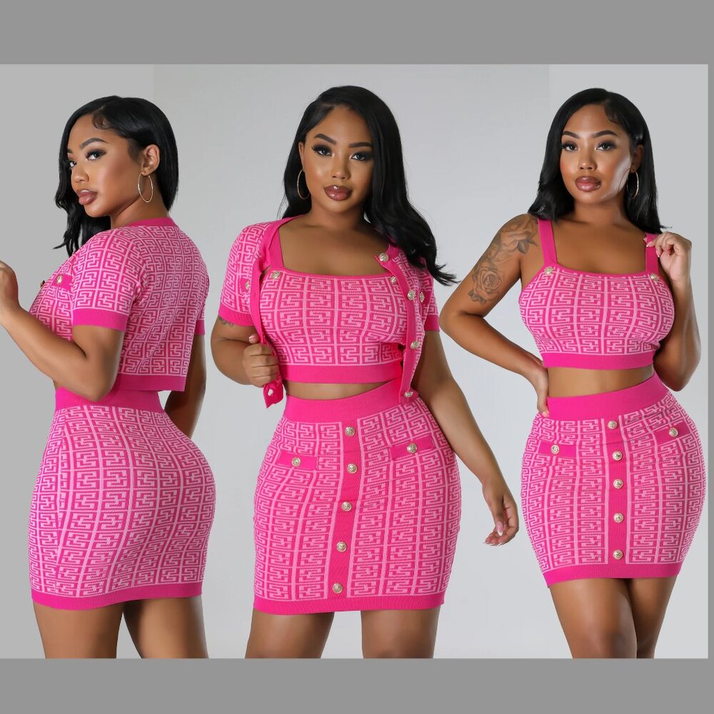 Muy Muy Fancy Collection Women's 3 Piece Knitted Skirt set (SIZE M) Fuchsia